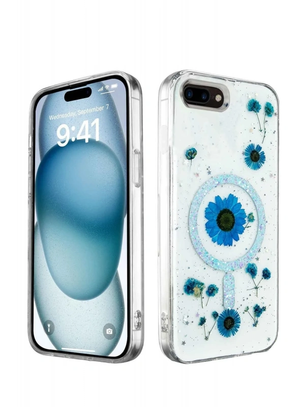 Newface Apple iPhone 7 Kılıf Daisy Simli Magsafe Kapak - Mavi