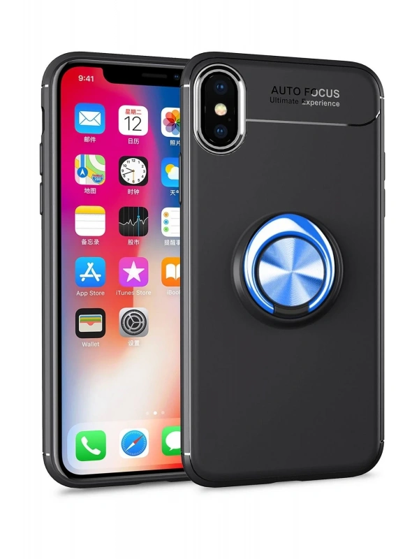 Newface Apple iPhone XS Max Kılıf Range Yüzüklü Silikon - Siyah-Mavi