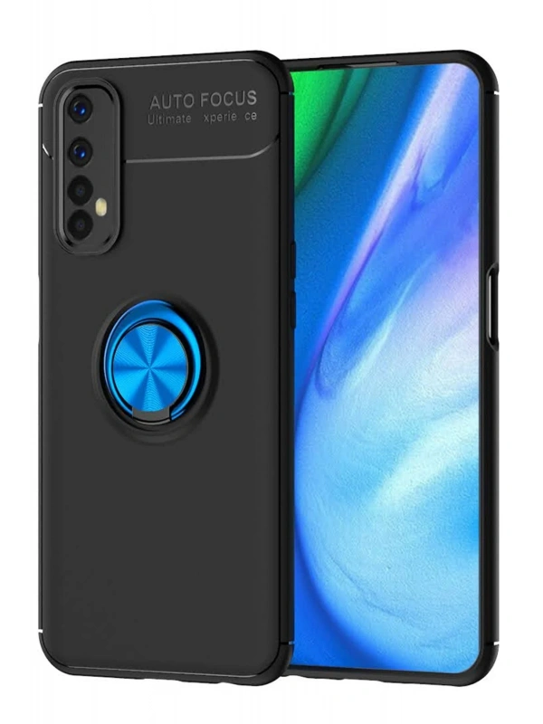 Newface Realme 7 Kılıf Range Yüzüklü Silikon - Siyah-Mavi