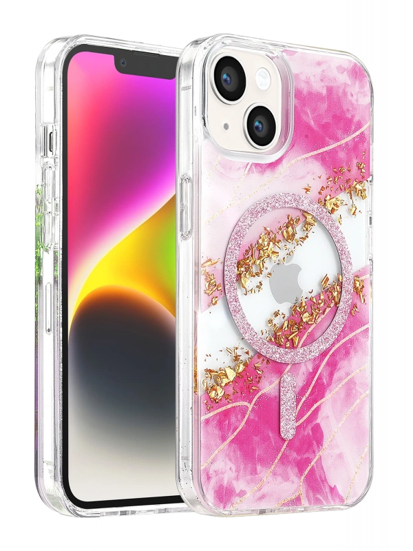 Onegif Apple iPhone 14 Lotus Simli Magsafe Kapak - Pembe