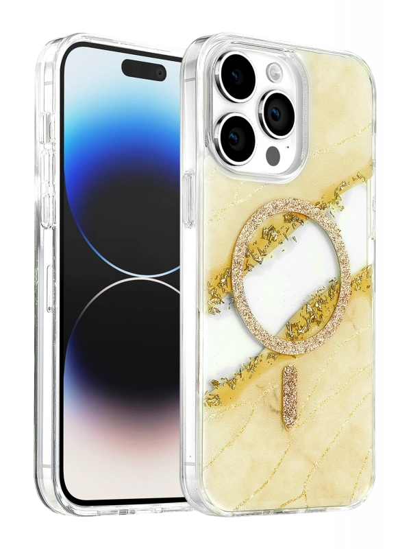 Onegif Apple iPhone 14 Pro Max Lotus Simli Magsafe Kapak - Gümüş
