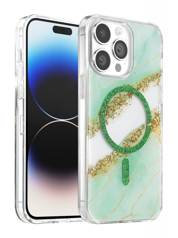 Onegif Apple iPhone 14 Pro Max Lotus Simli Magsafe Kapak - Yeşil