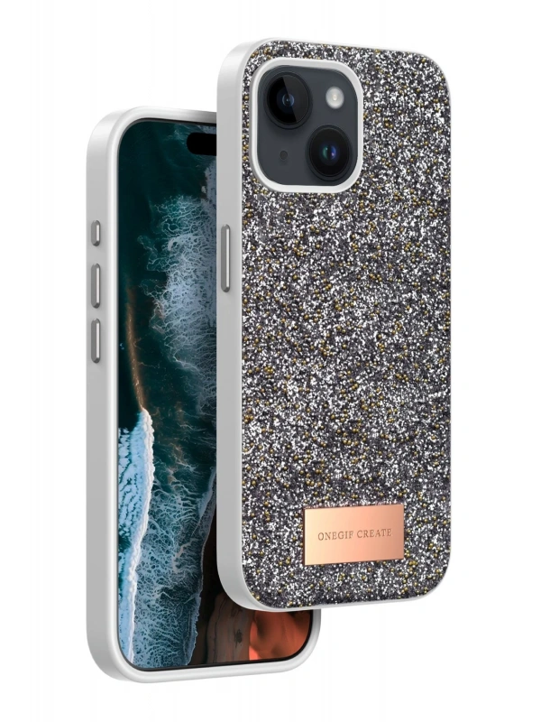 Onegif Apple iPhone 15 Bright Simli Kapak - Gümüş