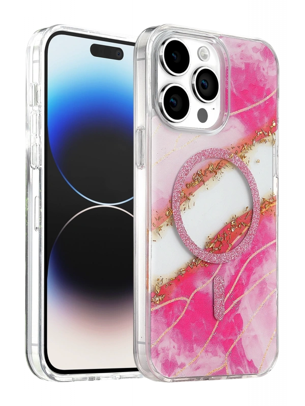 Onegif Apple iPhone 15 Pro Max Lotus Simli Magsafe Kapak - Pembe