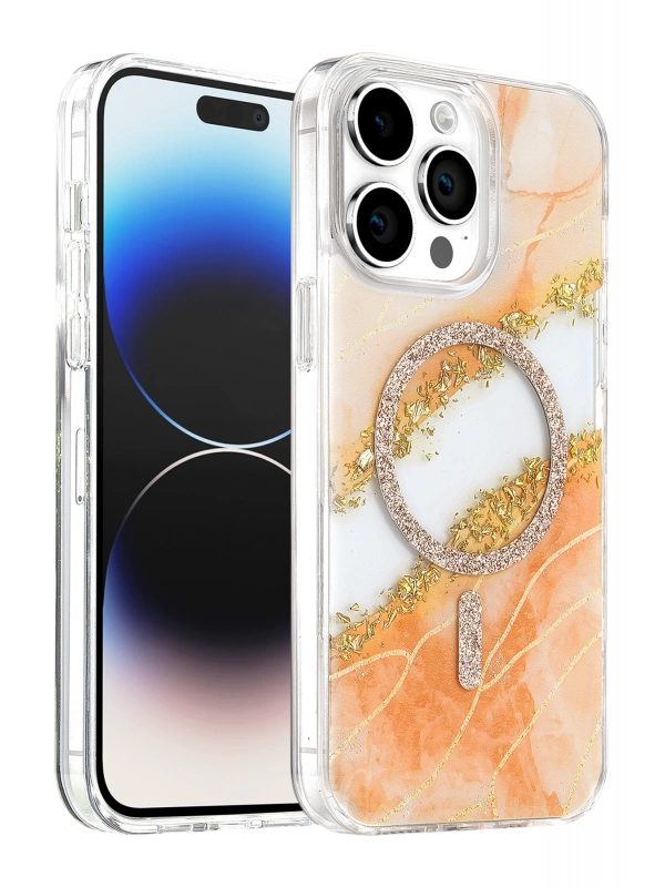 Onegif Apple iPhone 15 Pro Max Lotus Simli Magsafe Kapak - Turuncu
