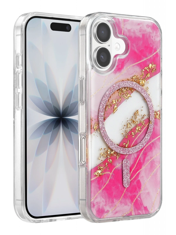 Onegif Apple iPhone 16 Lotus Simli Magsafe Kapak - Pembe