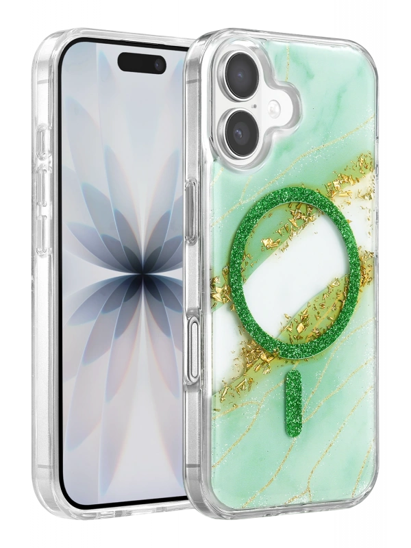 Onegif Apple iPhone 16 Lotus Simli Magsafe Kapak - Yeşil