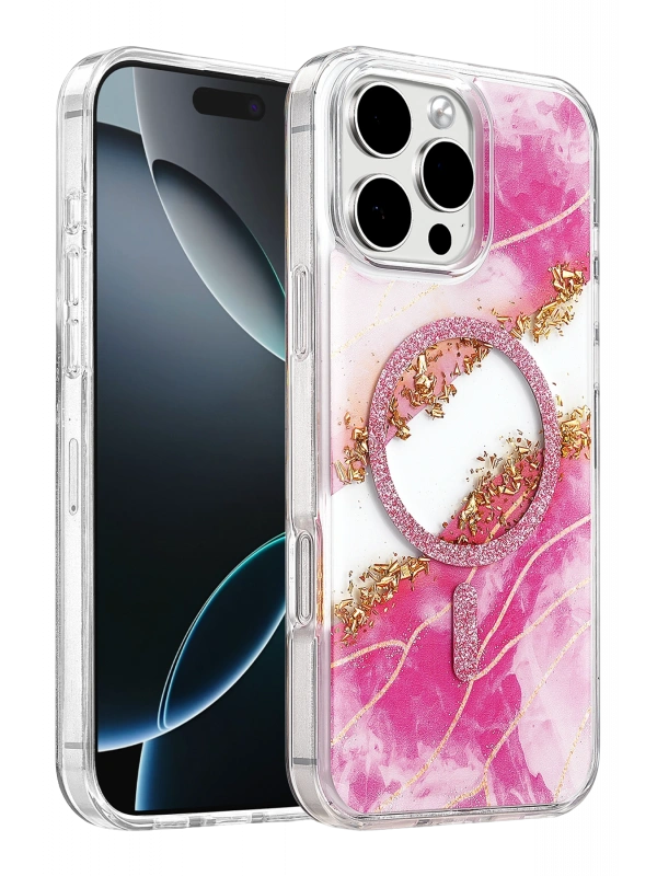 Onegif Apple iPhone 16 Pro Max Lotus Simli Magsafe Kapak - Pembe