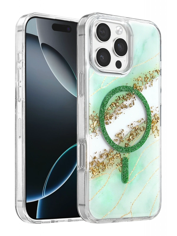 Onegif Apple iPhone 16 Pro Max Lotus Simli Magsafe Kapak - Yeşil