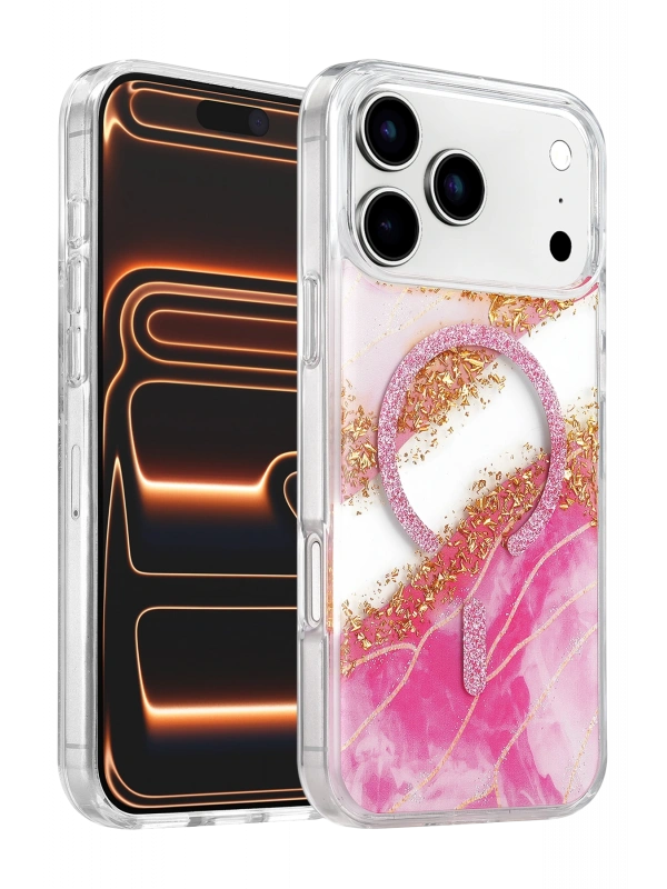 Onegif Apple iPhone 17 Pro Lotus Simli Magsafe Kapak - Pembe