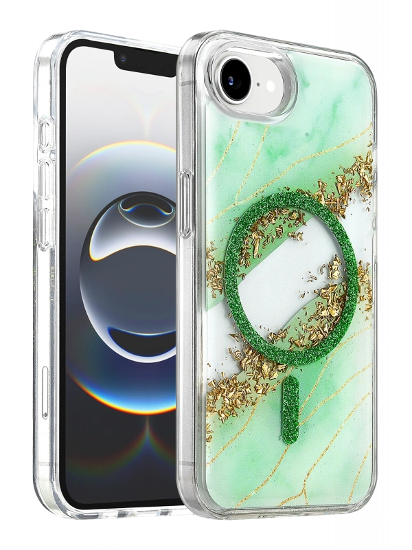 Onegif Apple iPhone 17E Lotus Simli Magsafe Kapak - Yeşil