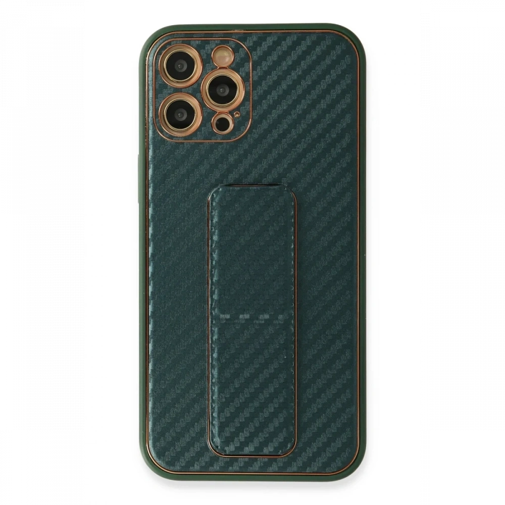 Newface Apple iPhone 12 Pro Max Kılıf Coco Karbon Standlı Kapak