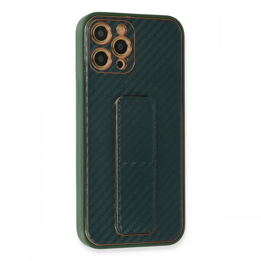 Newface Apple iPhone 12 Pro Max Kılıf Coco Karbon Standlı Kapak