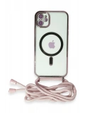 Newface Apple iPhone 11 Kılıf Divo Lazer Askılı Magsafe Kapak - Pembe