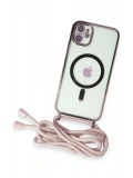 Newface Apple iPhone 11 Kılıf Divo Lazer Askılı Magsafe Kapak - Pembe