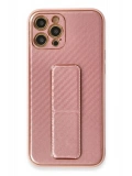 Newface Apple iPhone 12 Pro Kılıf Coco Karbon Standlı Kapak - Pembe