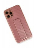 Newface Apple iPhone 12 Pro Kılıf Coco Karbon Standlı Kapak - Pembe