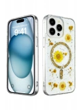 Newface Apple iPhone 15 Pro Kılıf Daisy Simli Magsafe Kapak - Gold