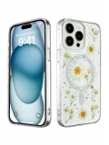Newface Apple iPhone 15 Pro Max Kılıf Daisy Simli Magsafe Kapak - Gümüş