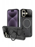 Newface Apple iPhone 16 Kılıf Joy Lens Standlı Kapak - Siyah
