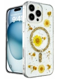Newface Apple iPhone 16 Pro Kılıf Daisy Simli Magsafe Kapak - Gold