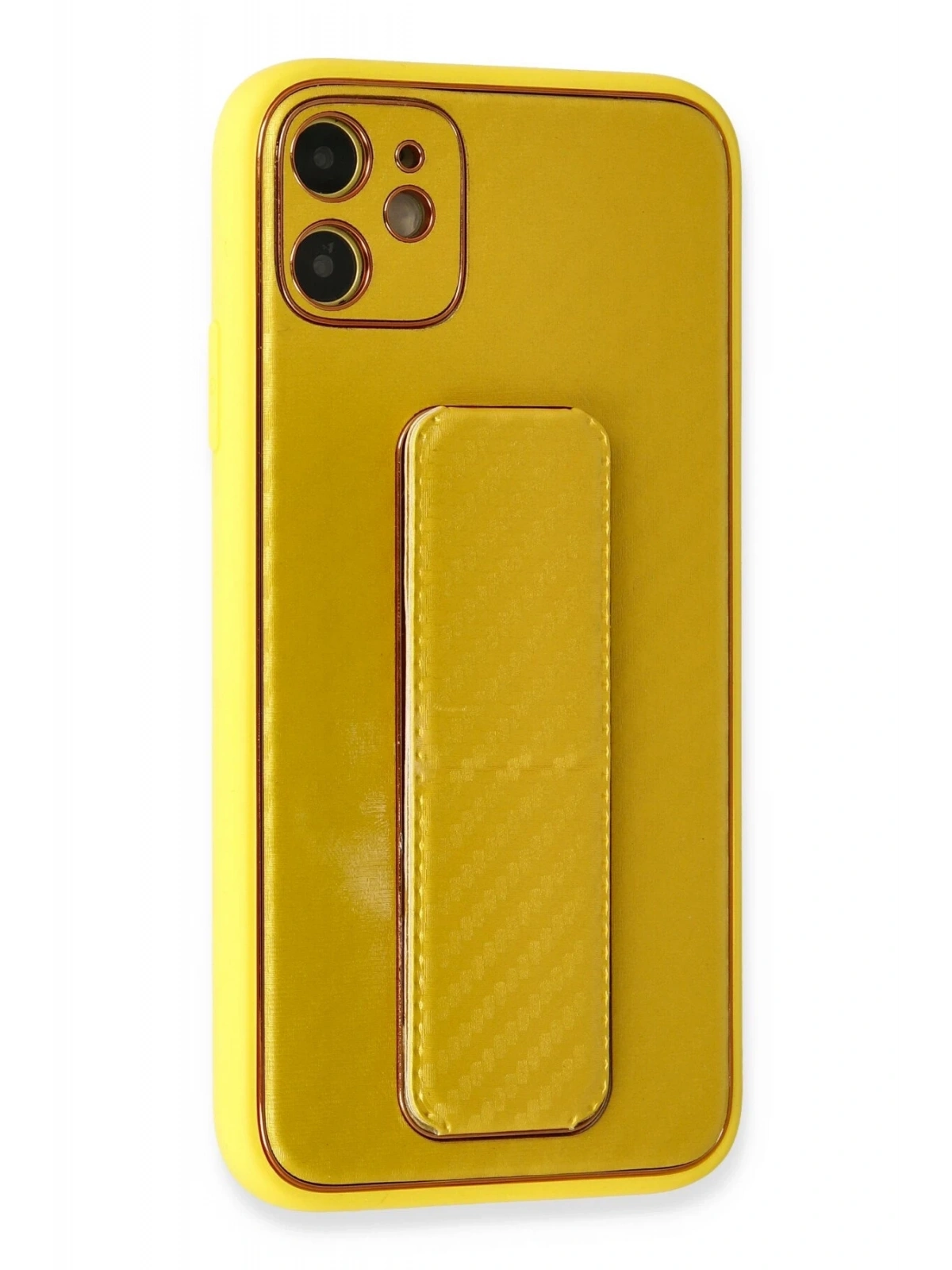 Newface Apple iPhone 12 Kılıf Coco Karbon Standlı Kapak - Sarı