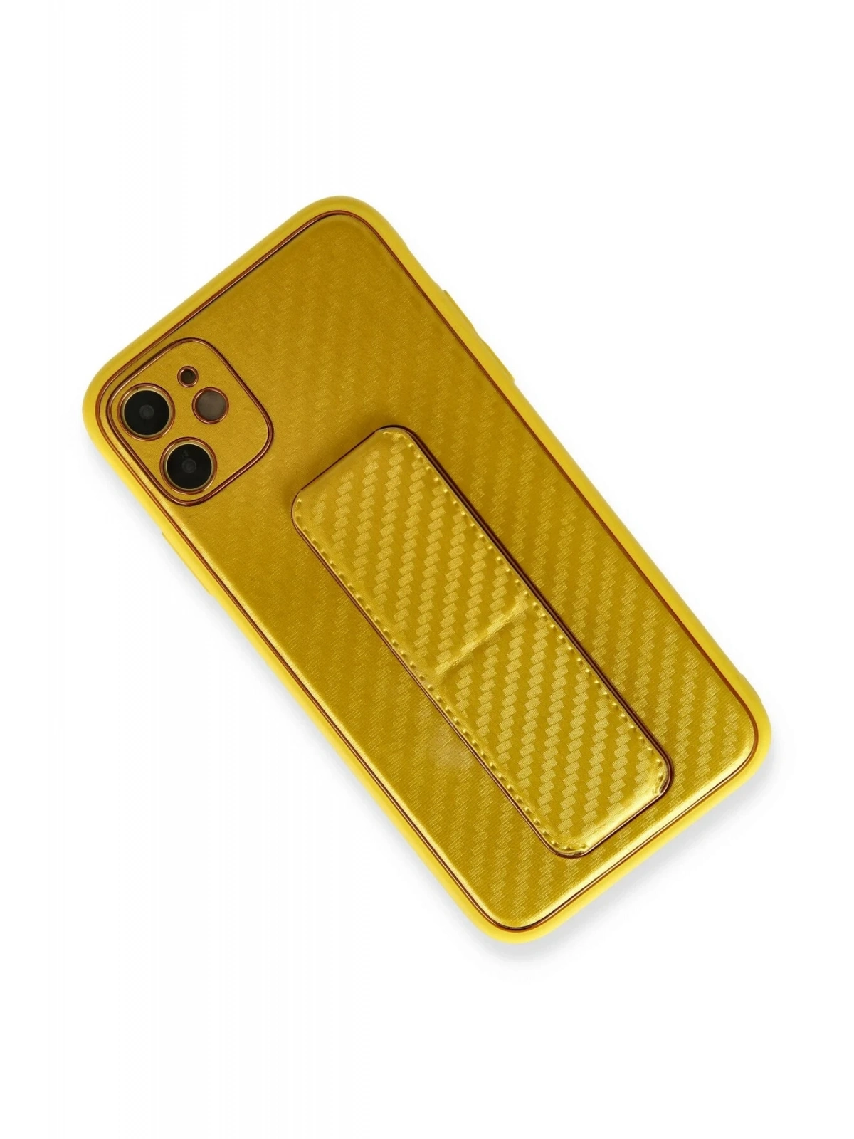 Newface Apple iPhone 12 Kılıf Coco Karbon Standlı Kapak - Sarı