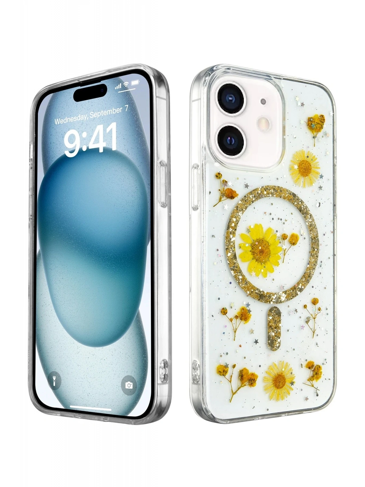 Newface Apple iPhone 12 Kılıf Daisy Simli Magsafe Kapak - Gold