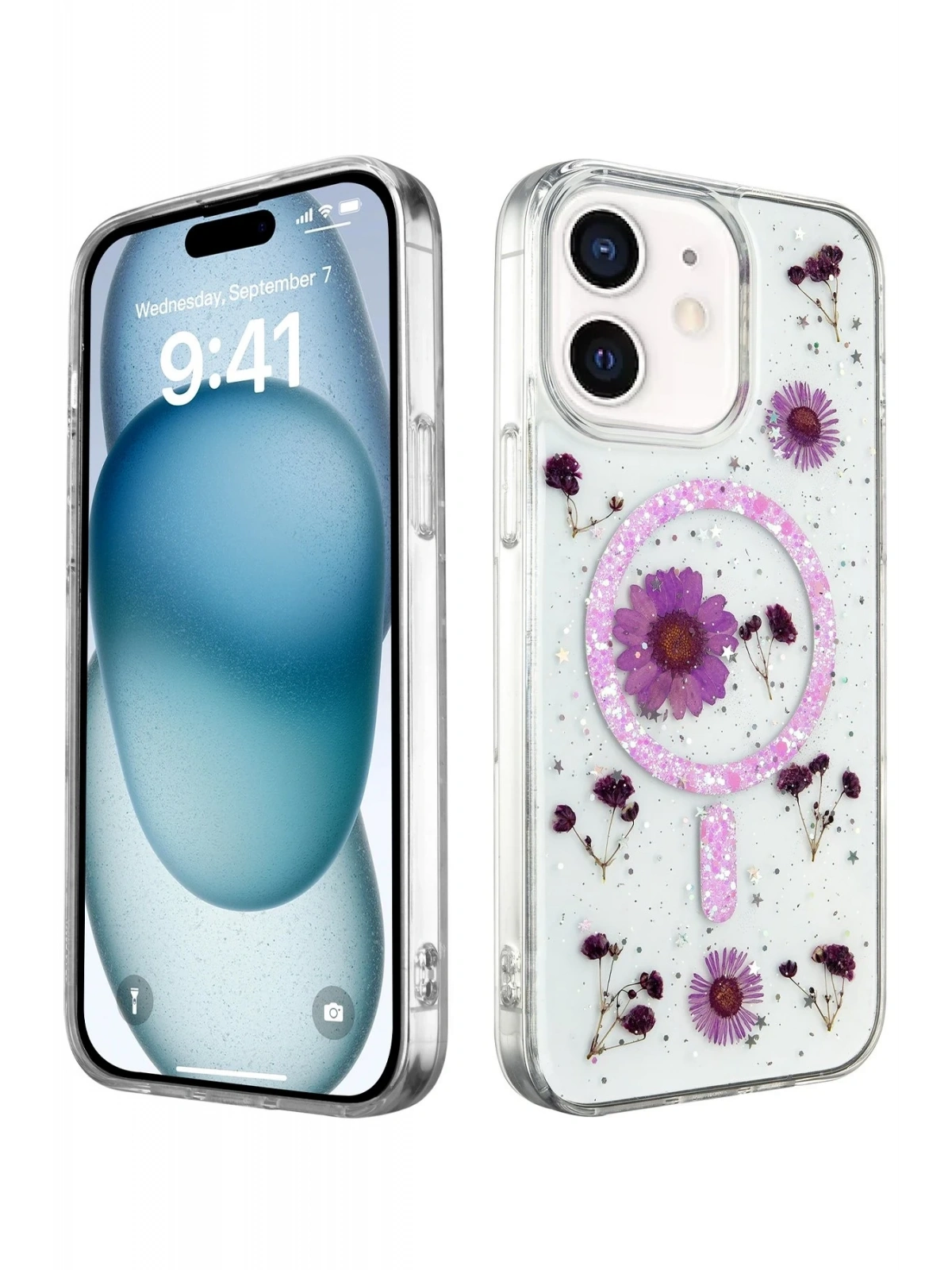 Newface Apple iPhone 12 Kılıf Daisy Simli Magsafe Kapak - Mor