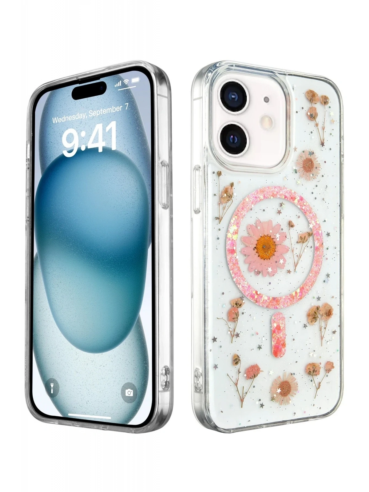 Newface Apple iPhone 12 Kılıf Daisy Simli Magsafe Kapak - Pembe