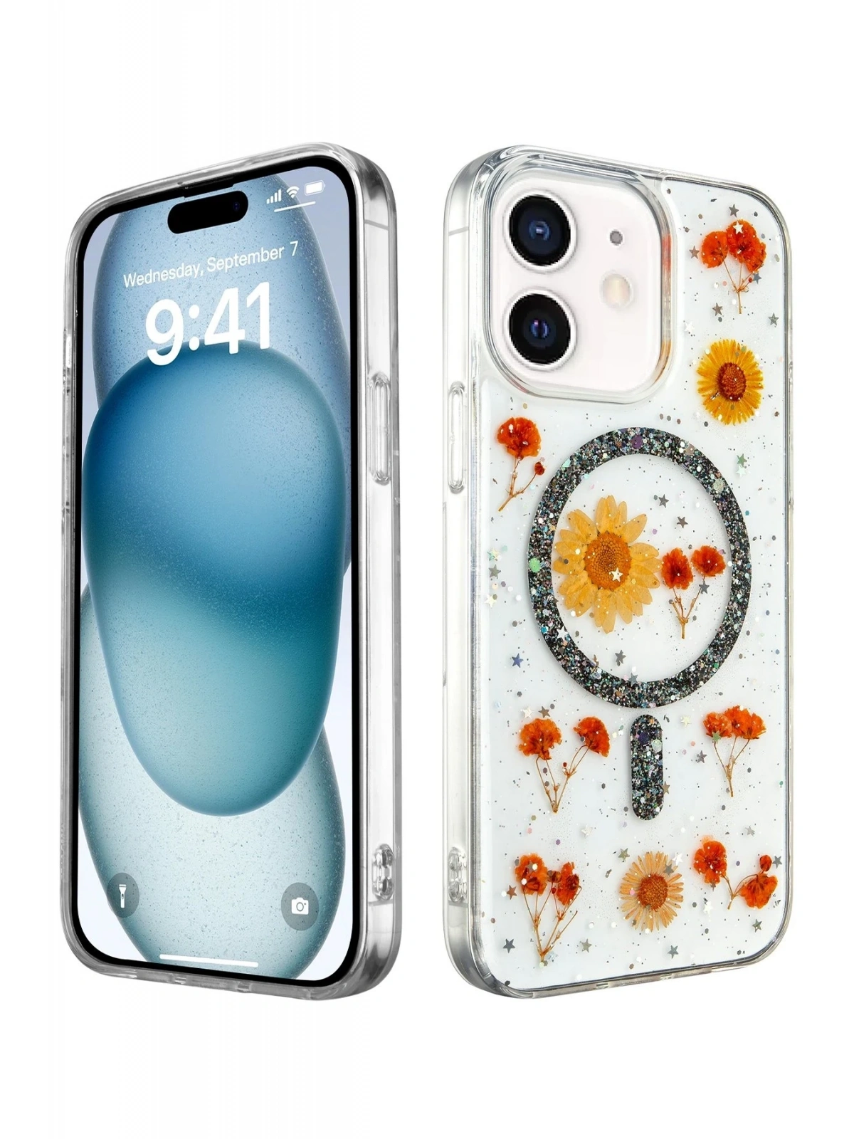 Newface Apple iPhone 12 Kılıf Daisy Simli Magsafe Kapak - Siyah
