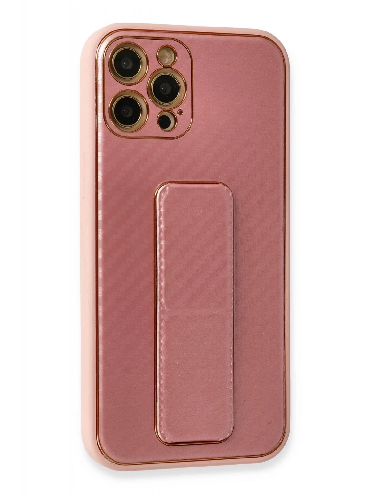 Newface Apple iPhone 12 Pro Kılıf Coco Karbon Standlı Kapak - Pembe