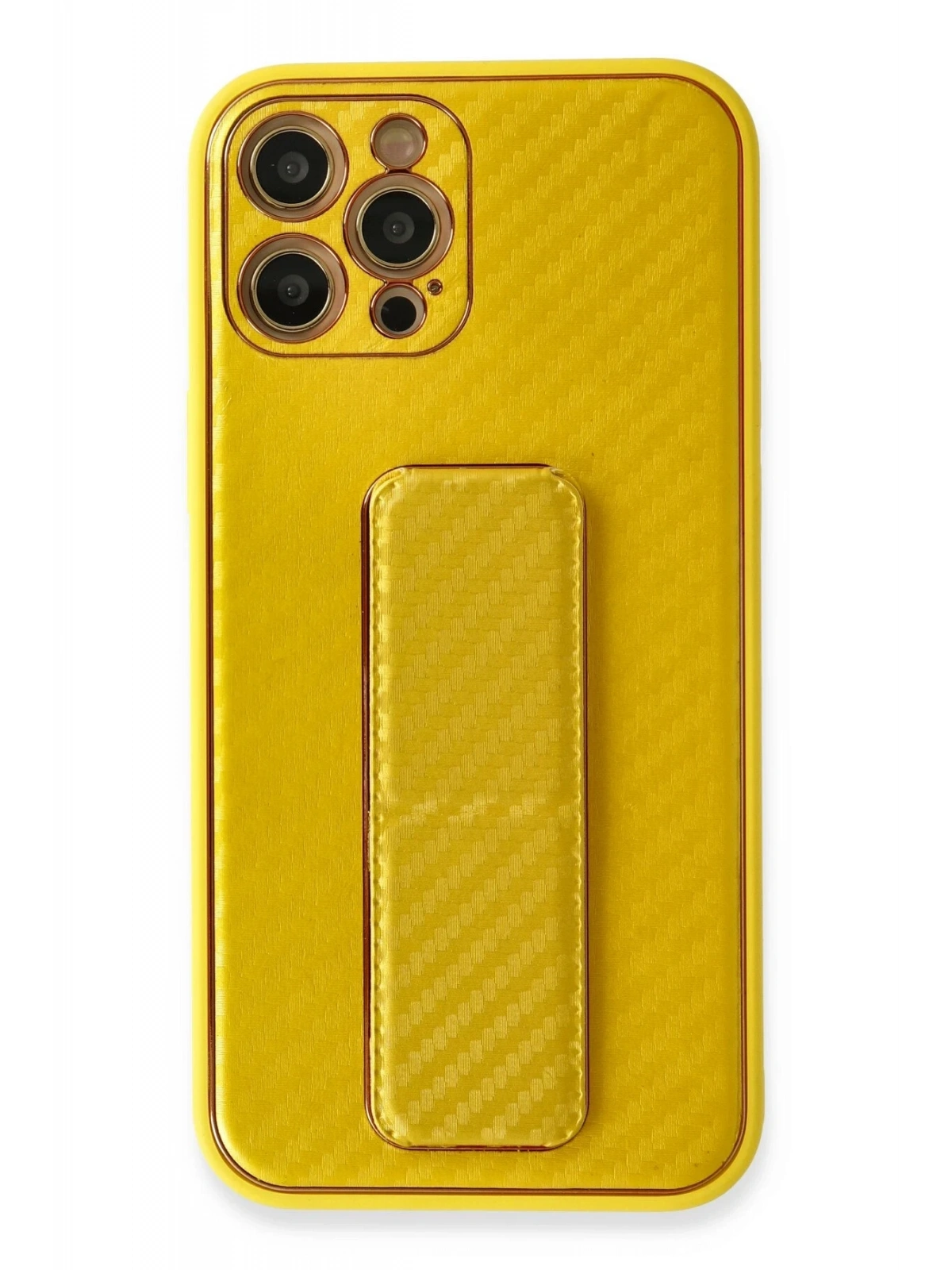 Newface Apple iPhone 12 Pro Max Kılıf Coco Karbon Standlı Kapak - Sarı