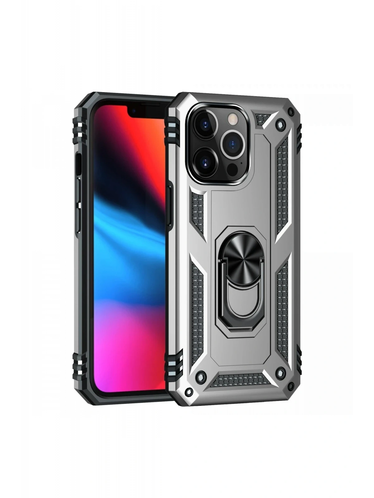 Newface Apple iPhone 13 Pro Max Kılıf Sofya Yüzüklü Silikon Kapak - Gümüş