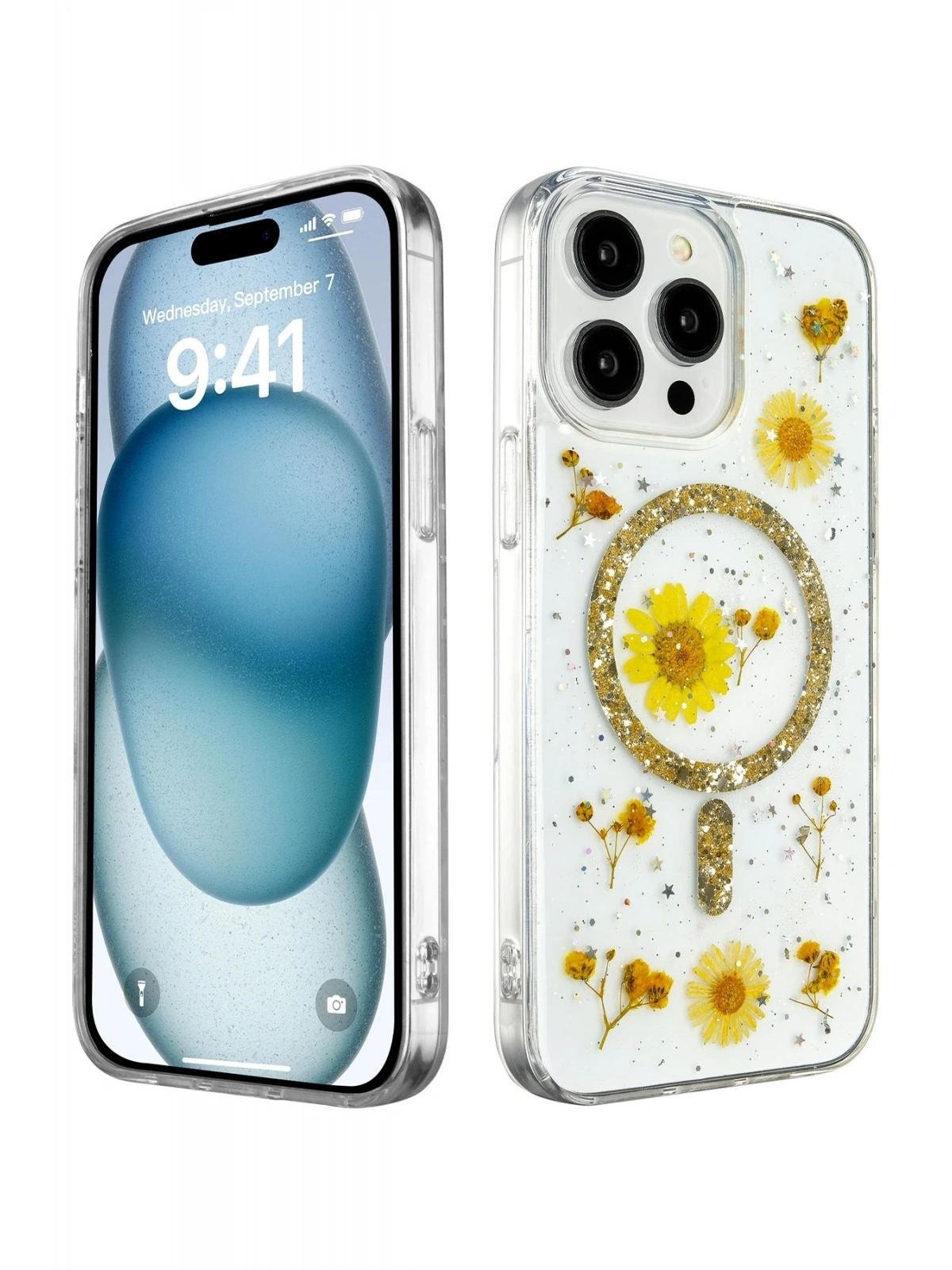 Newface Apple iPhone 14 Pro Max Kılıf Daisy Simli Magsafe Kapak - Gold