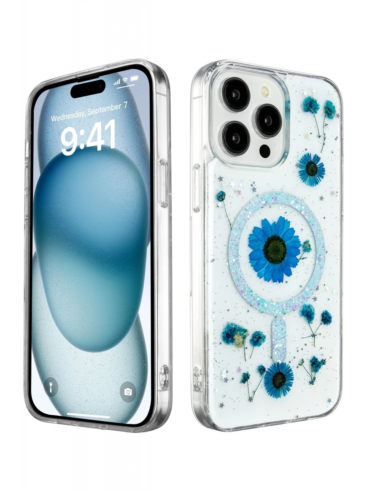 Newface Apple iPhone 15 Pro Max Kılıf Daisy Simli Magsafe Kapak - Mavi