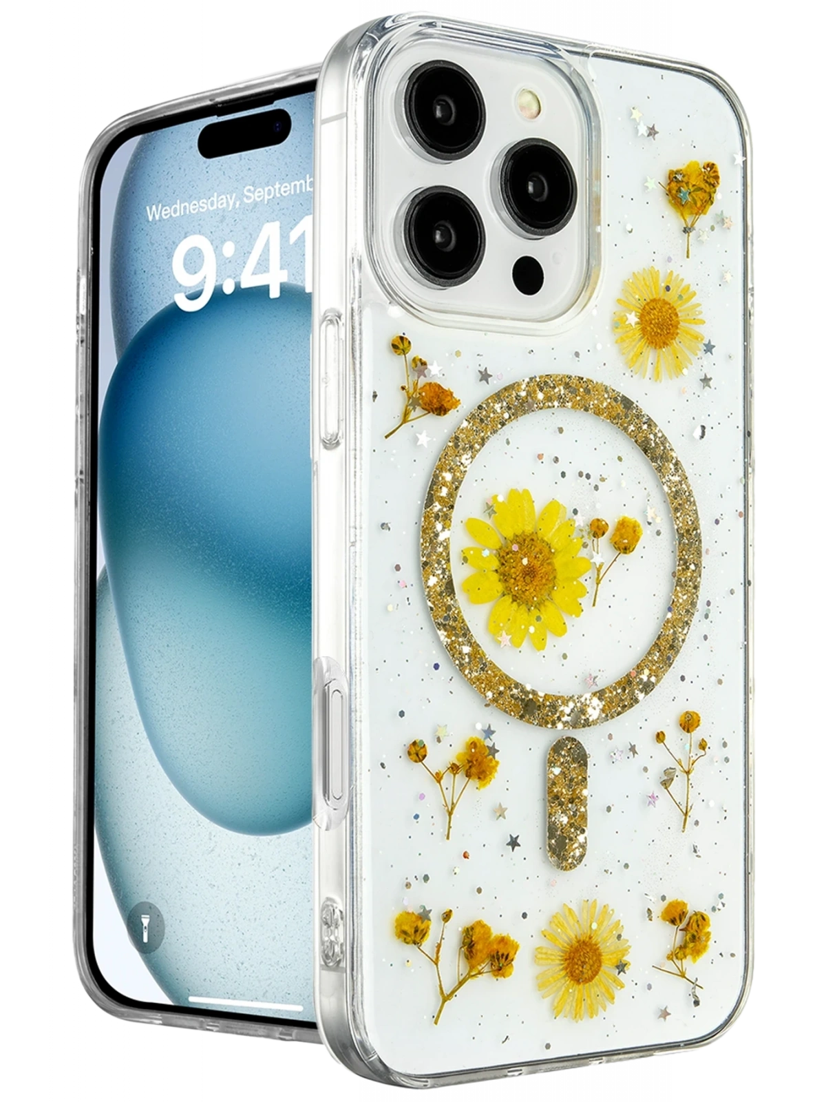 Newface Apple iPhone 16 Pro Kılıf Daisy Simli Magsafe Kapak - Gold