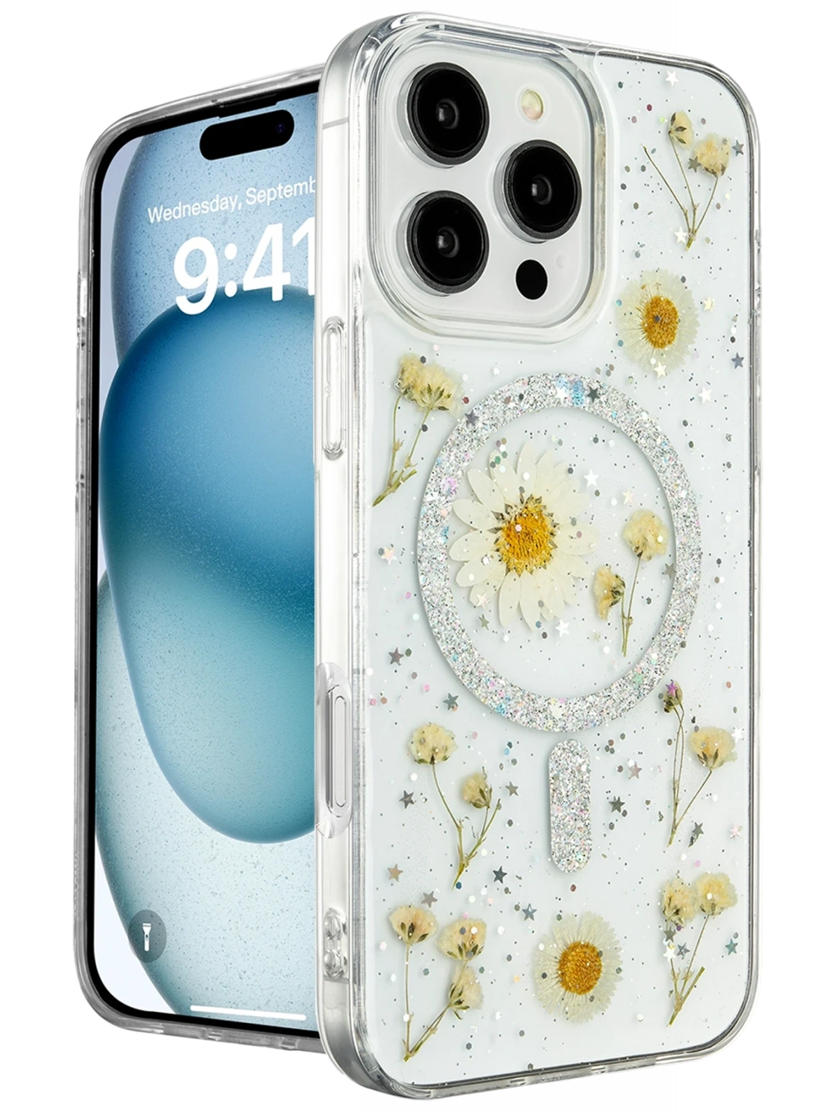 Newface Apple iPhone 16 Pro Kılıf Daisy Simli Magsafe Kapak - Gümüş