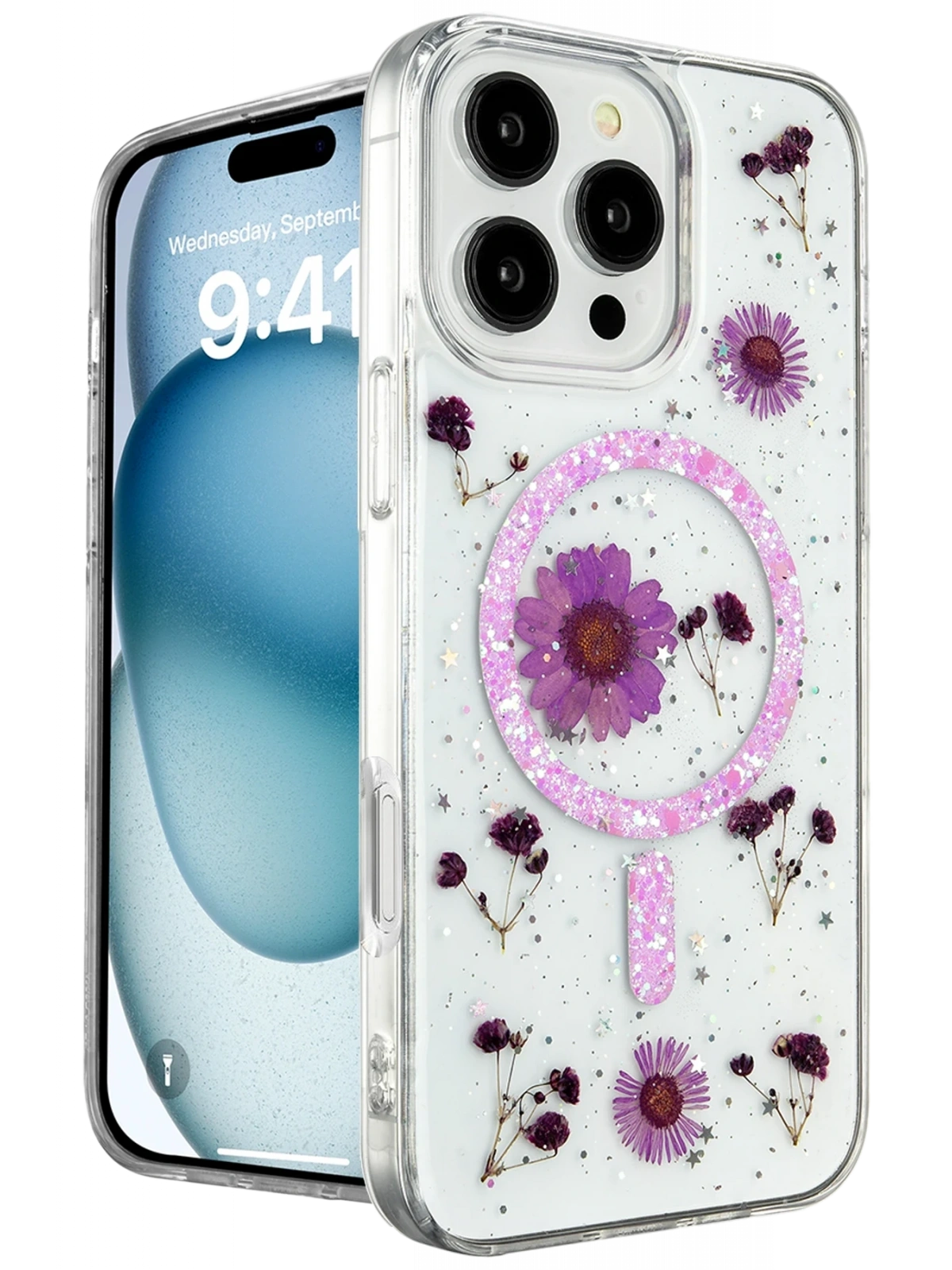 Newface Apple iPhone 16 Pro Kılıf Daisy Simli Magsafe Kapak - Mor