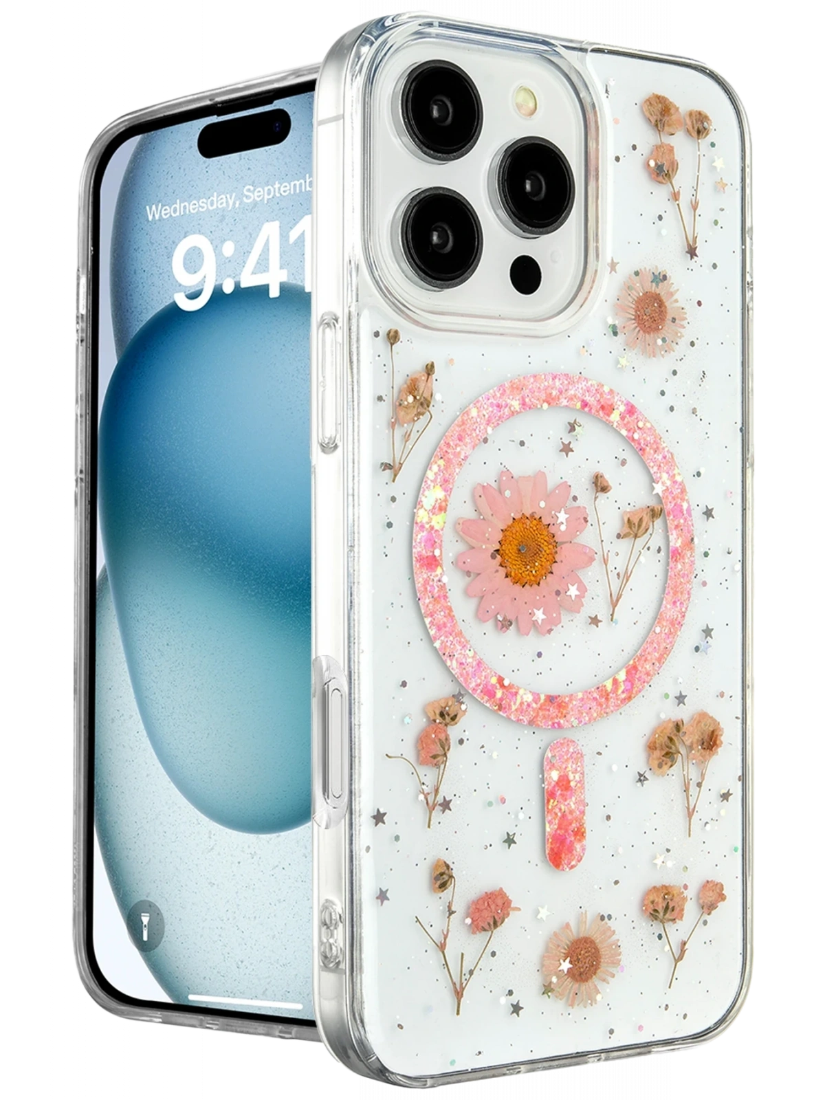 Newface Apple iPhone 16 Pro Kılıf Daisy Simli Magsafe Kapak - Pembe