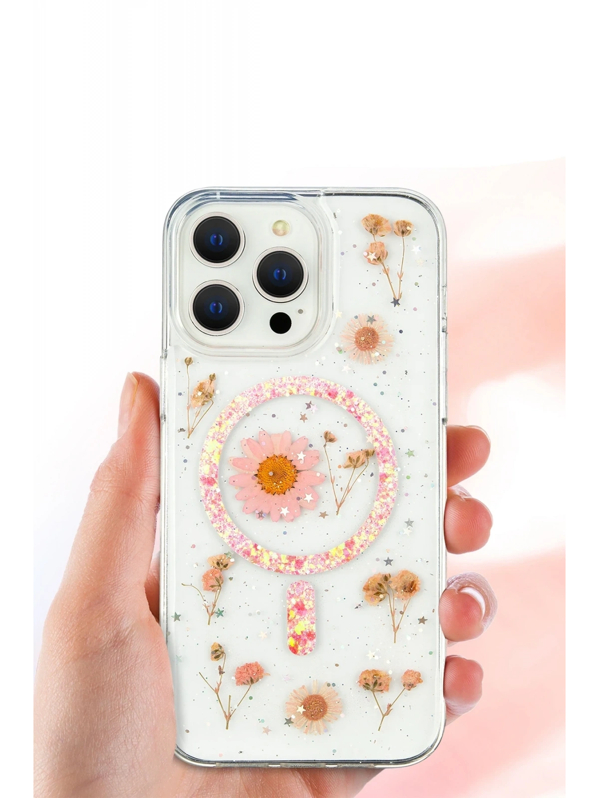Newface Apple iPhone 16 Pro Kılıf Daisy Simli Magsafe Kapak - Pembe