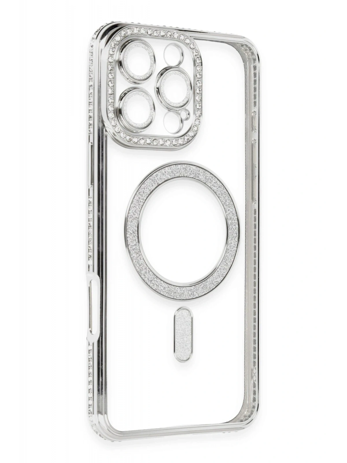 Newface Apple iPhone 16 Pro Kılıf Joke Simli Magneticsafe Kılıf - Gümüş