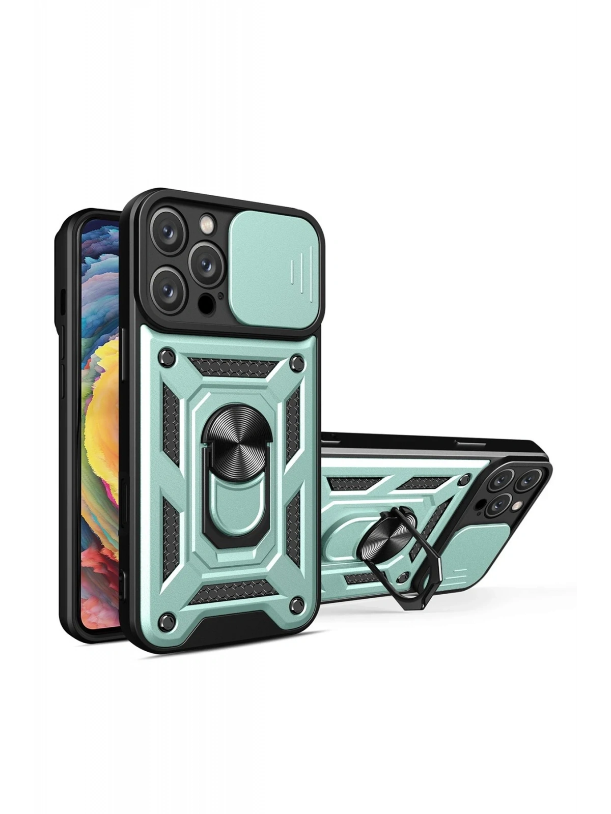 Newface Apple iPhone 16 Pro Kılıf Pars Lens Yüzüklü Silikon - Yeşil