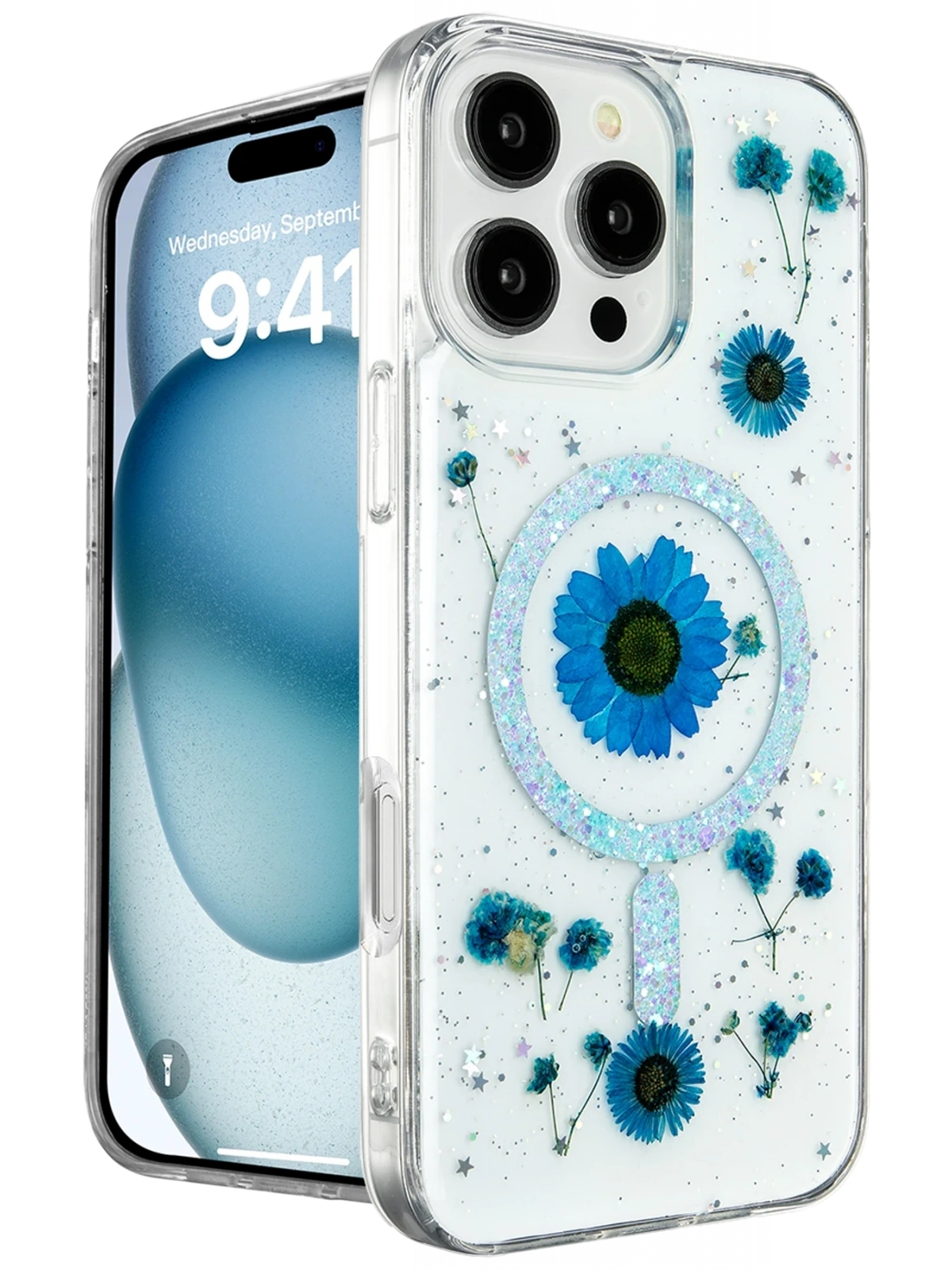 Newface Apple iPhone 16 Pro Max Kılıf Daisy Simli Magsafe Kapak - Mavi