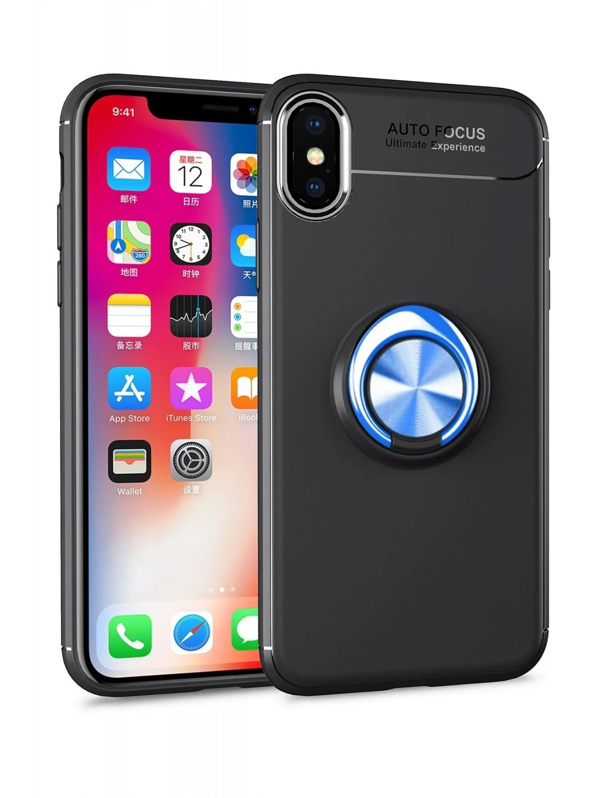 Newface Apple iPhone XS Max Kılıf Range Yüzüklü Silikon - Siyah-Mavi