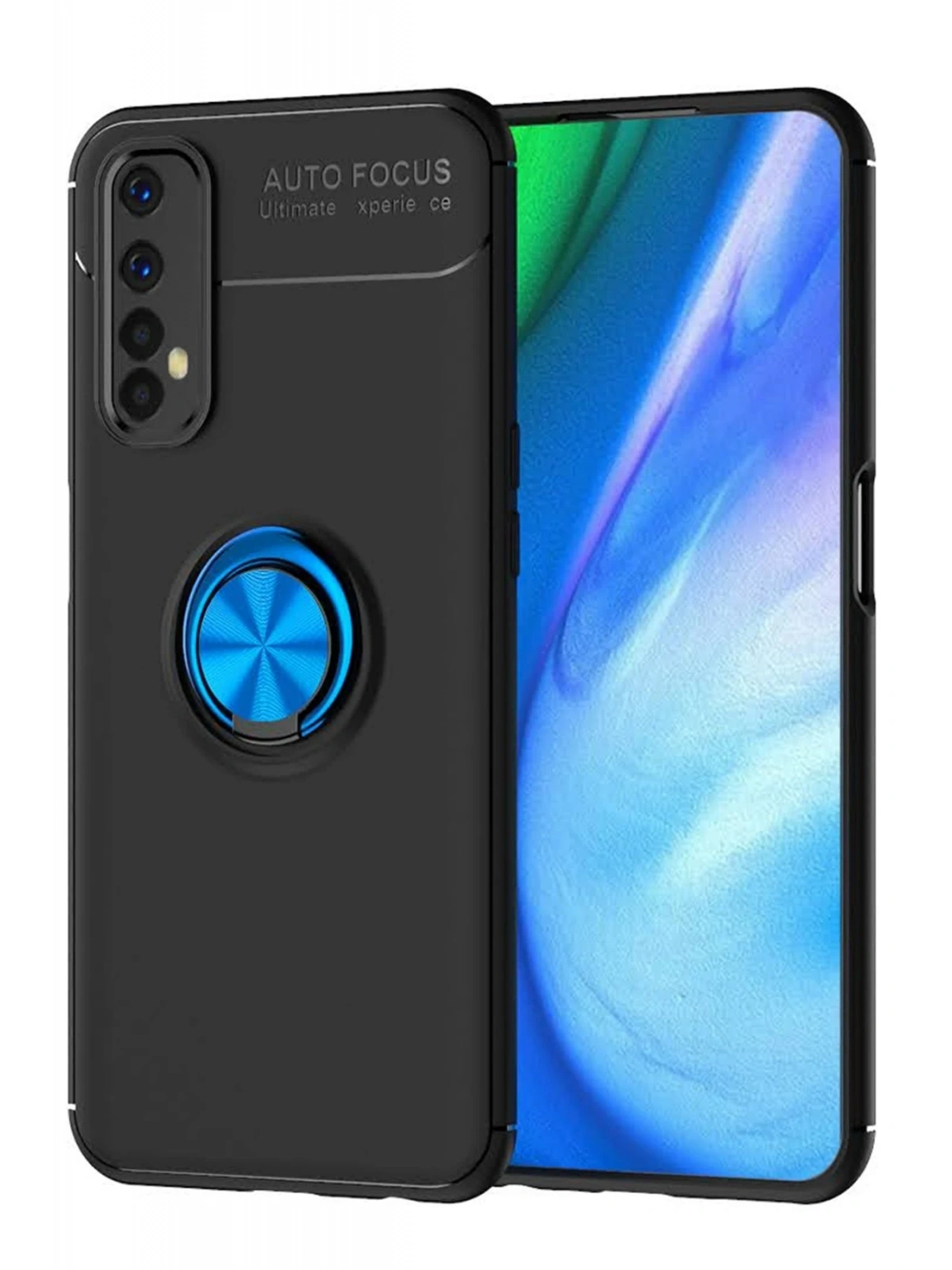 Newface Realme 7 Kılıf Range Yüzüklü Silikon - Siyah-Mavi
