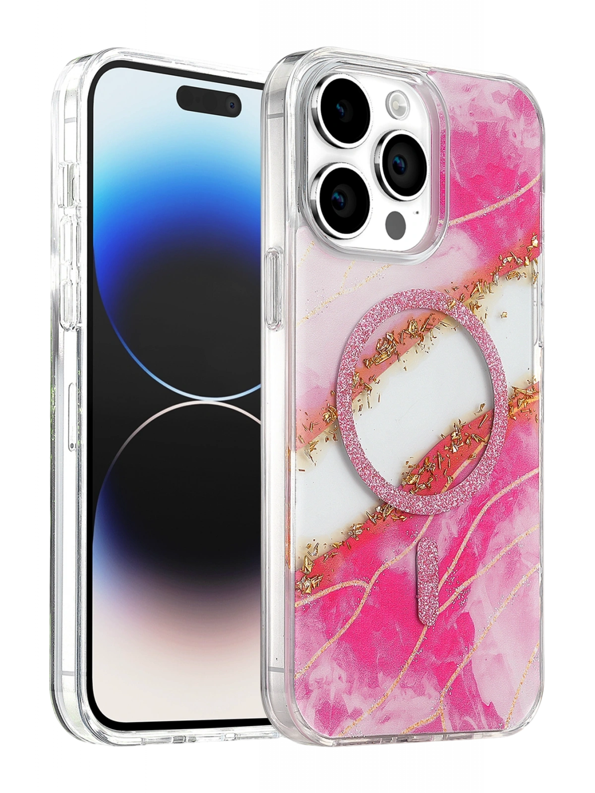 Onegif Apple iPhone 14 Pro Max Lotus Simli Magsafe Kapak - Pembe