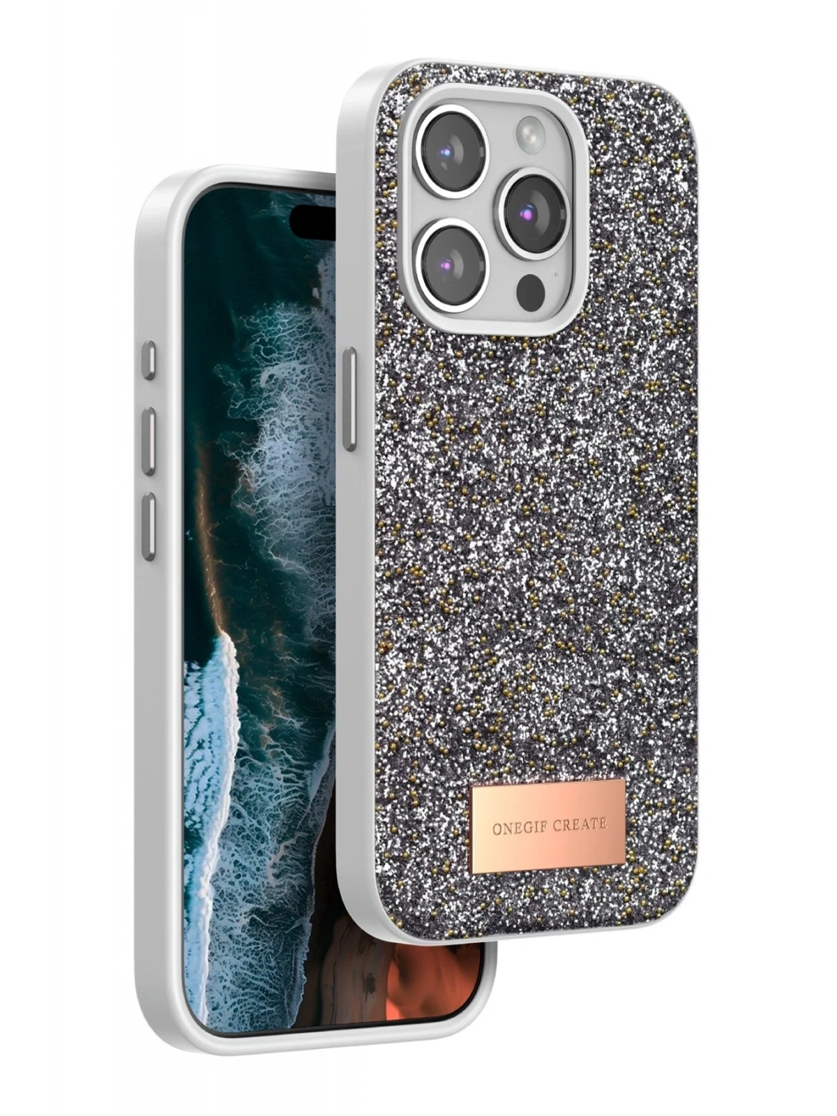 Onegif Apple iPhone 15 Pro Bright Simli Kapak - Gümüş