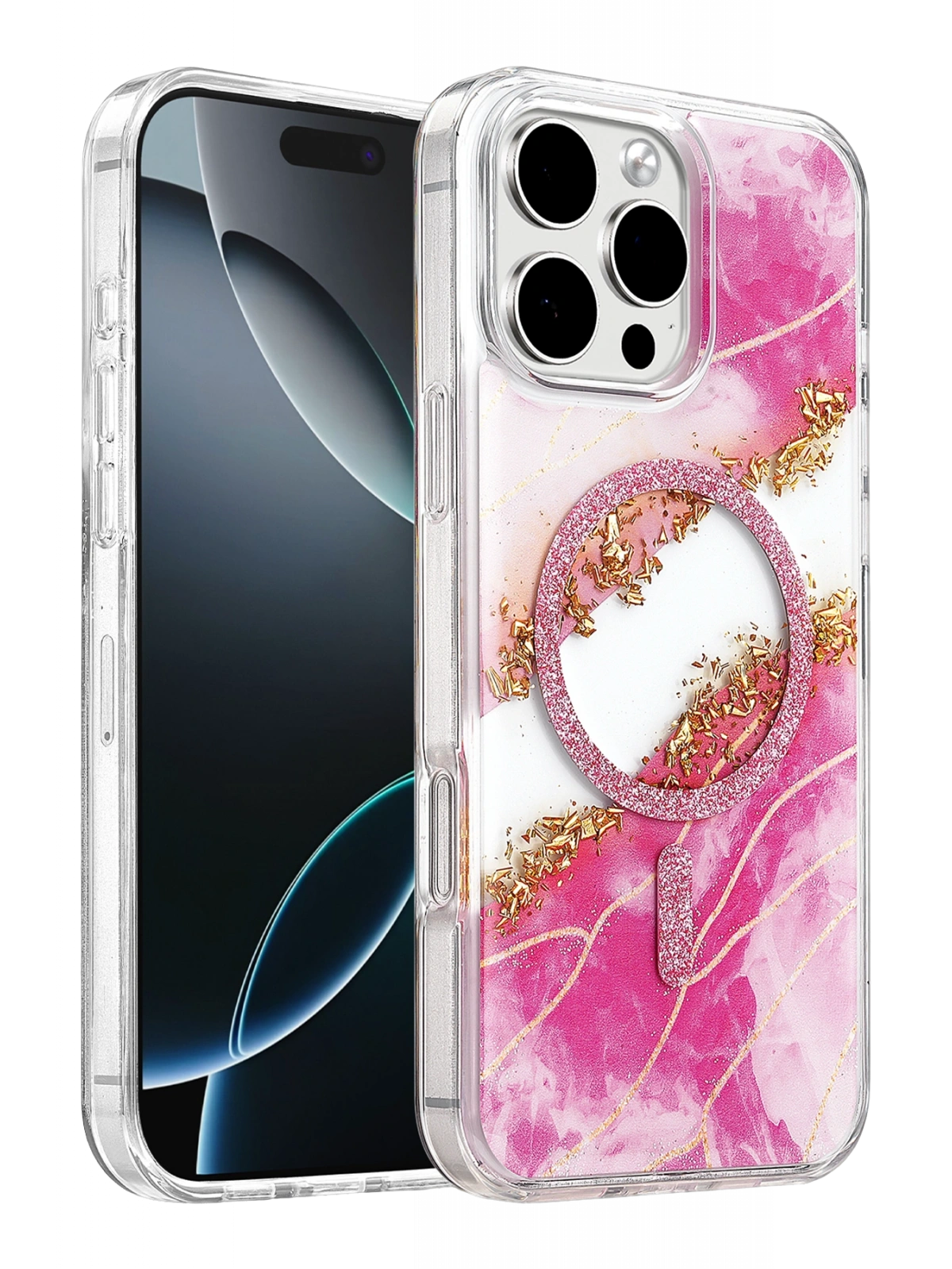 Onegif Apple iPhone 16 Pro Max Lotus Simli Magsafe Kapak - Pembe