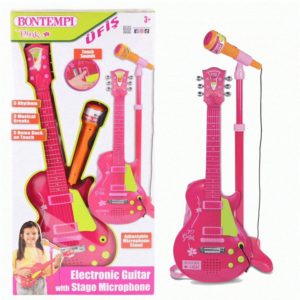 Elektronik Ayaklı Mikrofonlu Pembe Gitar